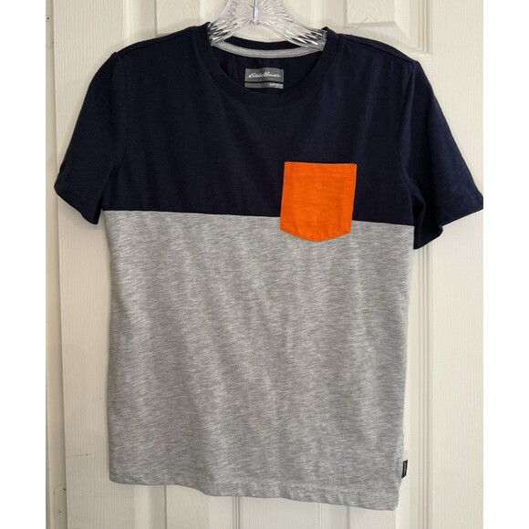Eddie Bauer Boys T-Shirt Size M (10/12) Navy Gray Colorblock Orange Pocket - Picture 1 of 2